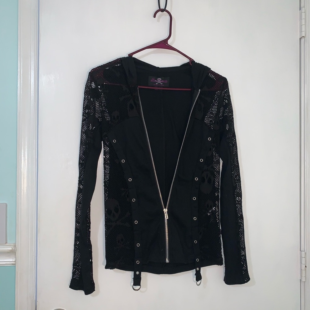 Black skull themed net jacket; zip up and hooded